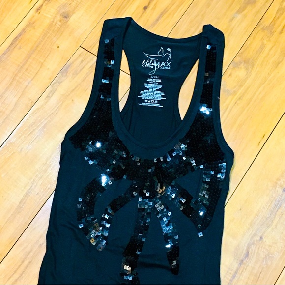 Tank top shirt blouse black sequin bling bow small summer sleeveless - Picture 1 of 4